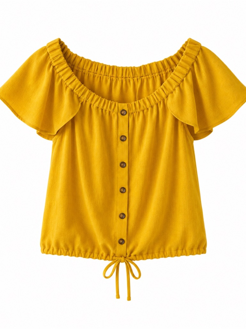 HYFVE Mustard Yellow Off-Shoulder Button Tie-Hem Top - Picture 2 of 9